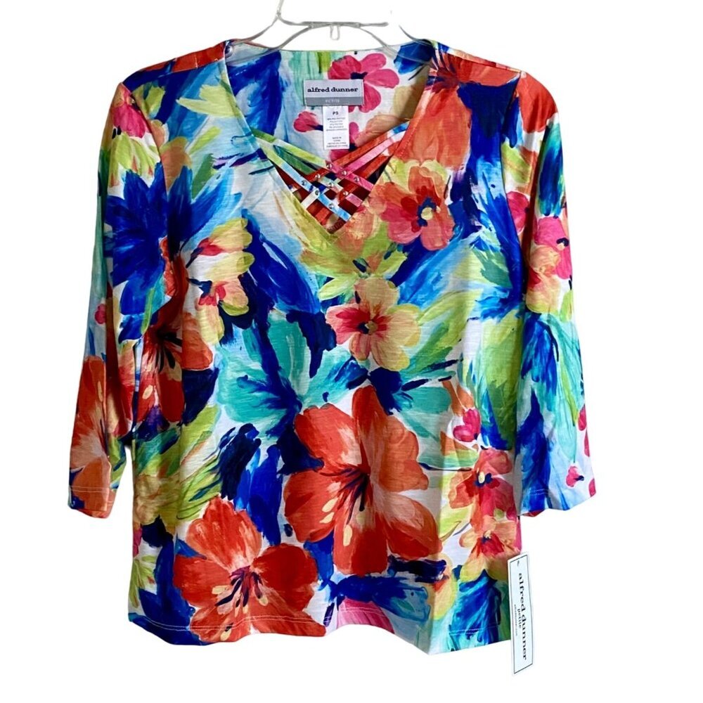 Alfred Dunner Floral Print Top 3/4 Sleeve Lattice V Neck Petite Small NEW NWT